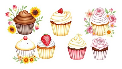 Delicious Cupcakes with Flowers Sweet Treats Bakery Dessert Food Illustration