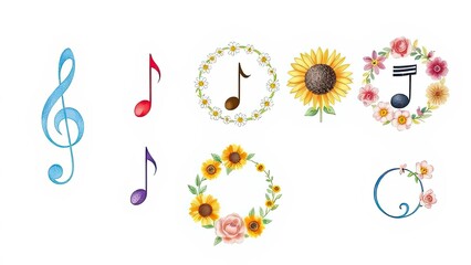 Musical Notes Sunflowers Floral Wreaths Watercolor Designs