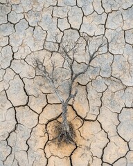 Overhead View of a Dry, Cracked Earth with a Small Dead Tree