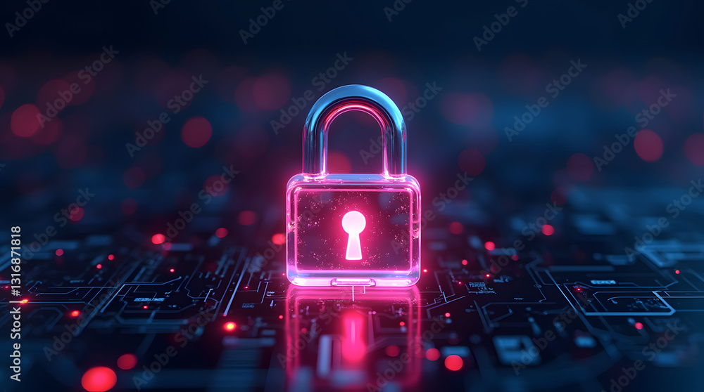 Poster a vibrant glowing chrome lock symbol on a digital background, representing cybersecurity and data pr
