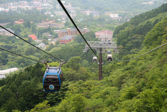 Hakone, Japan, 26 May, 2018: The Hakone Ropeway operates for about 4km from Tougendai station, facing Lake Ashi via Ubako and Owakudani stations, to Sounzan station