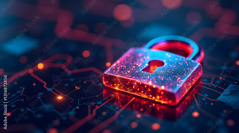 Poster a vibrant glowing chrome lock symbol on a digital background, representing cybersecurity and data pr