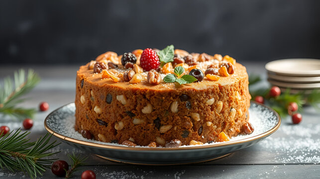 christmas cake with nuts and dried fruits.