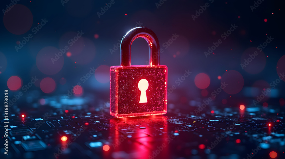 Poster a vibrant glowing chrome lock symbol on a digital background, representing cybersecurity and data pr
