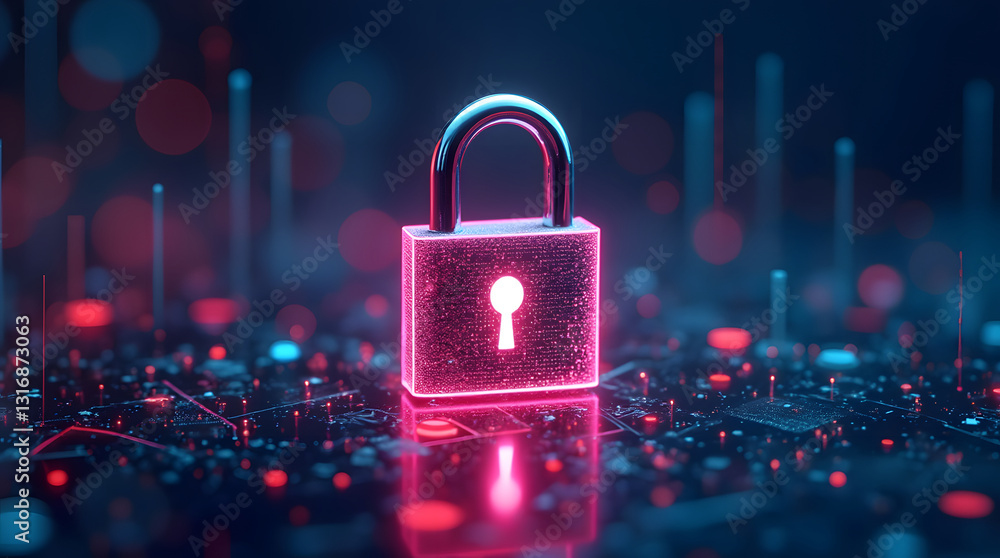 Poster a vibrant glowing chrome lock symbol on a digital background, representing cybersecurity and data pr
