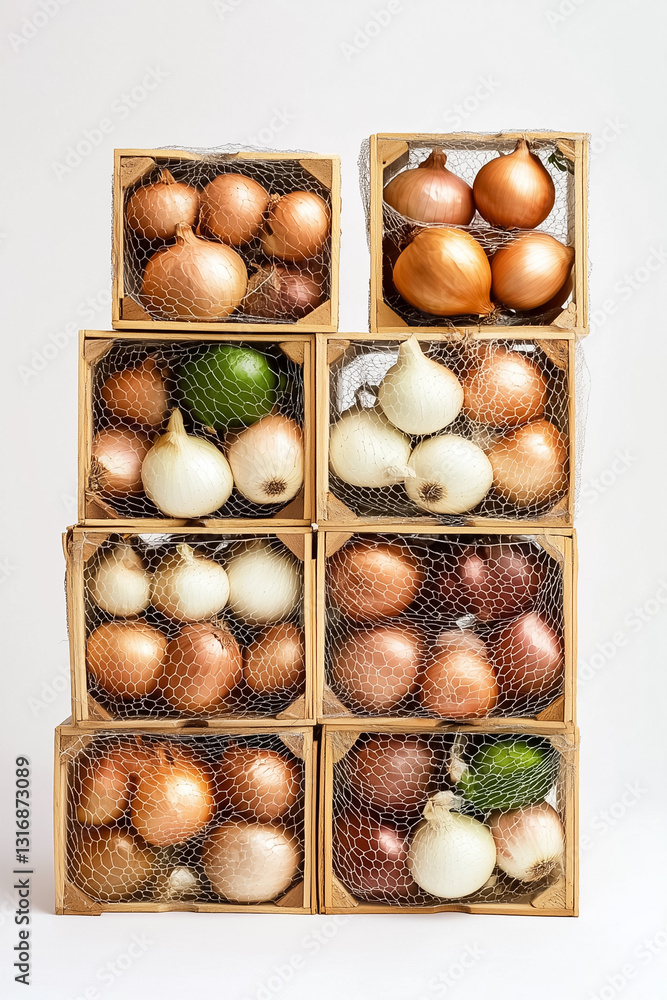 Poster an artistic arrangement of stacked onion crates showcases a variety of onions, each carefully wrappe