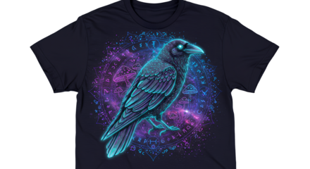 T-Shirt Design Featuring Raven Surrounded by Mystical Symbols and Fungi