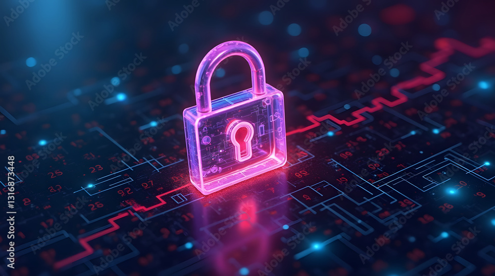 Poster a vibrant glowing chrome lock symbol on a digital background, representing cybersecurity and data pr