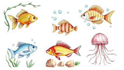 Fototapeta premium Colorful Fish Jellyfish Underwater Scene Aquatic Life Illustration