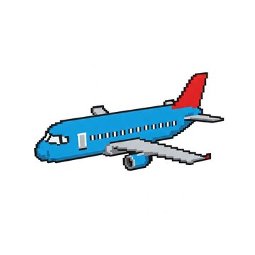 An airplane in pixel art style on a white background.
