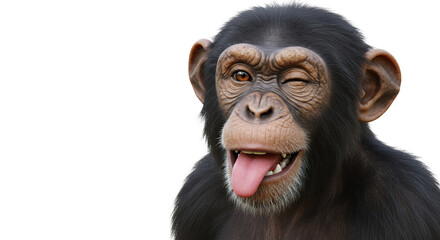 Naklejka premium Chimpanzee Winking with Tongue Out Funny Close-Up on White Background