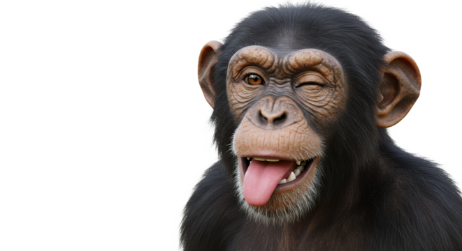 Chimpanzee Winking with Tongue Out Funny Close-Up on White Background
