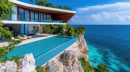 Fototapeta premium Modern Oceanfront Villa with Infinity Pool Surrounded by Lush Tropical Landscape and Scenic Blue Waters