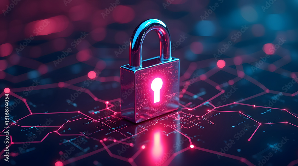 Poster a vibrant glowing chrome lock symbol on a digital background, representing cybersecurity and data pr