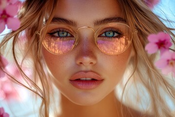 Fototapeta premium Commercial visual idea. Attractive caucasian young woman surrounded by cherry blossoms. Spring mood, golden hour in sunset. Bright woman in spring flowers for marketing.