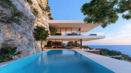 Fototapeta premium Modern Architecture House Design Overlooking Ocean with Swimming Pool and Natural Rock Formation