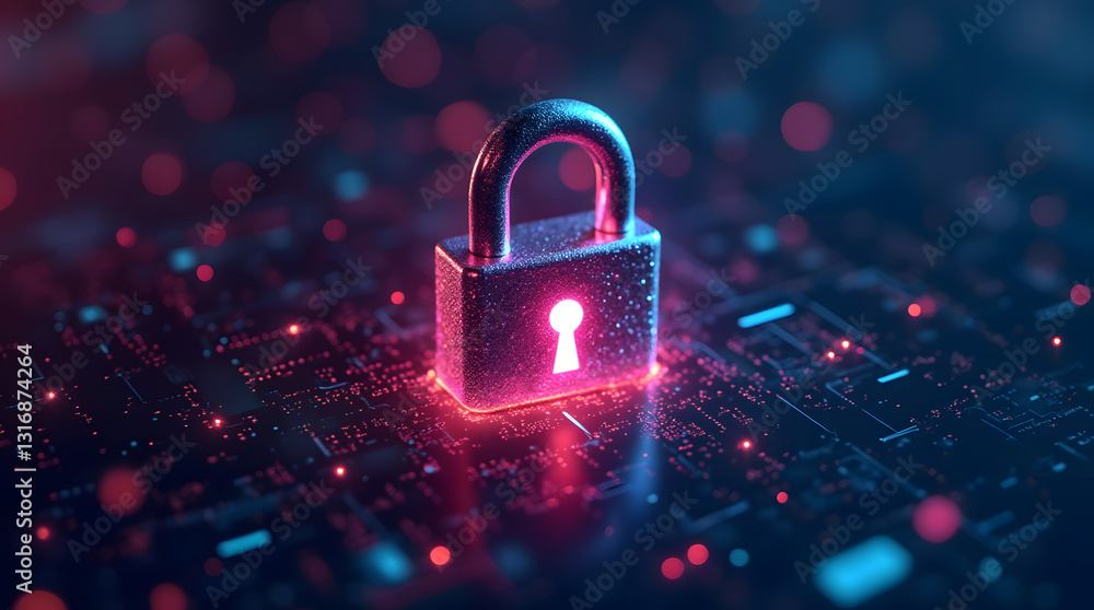 Poster a vibrant glowing chrome lock symbol on a digital background, representing cybersecurity and data pr
