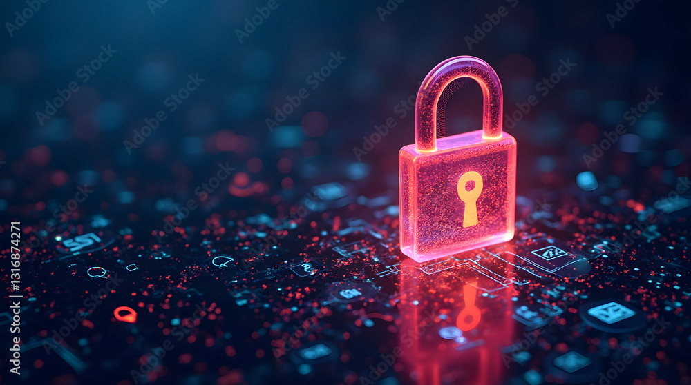 Poster a vibrant glowing chrome lock symbol on a digital background, representing cybersecurity and data pr