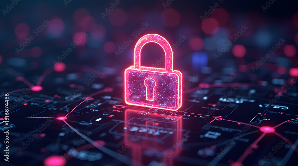 Poster a vibrant glowing chrome lock symbol on a digital background, representing cybersecurity and data pr