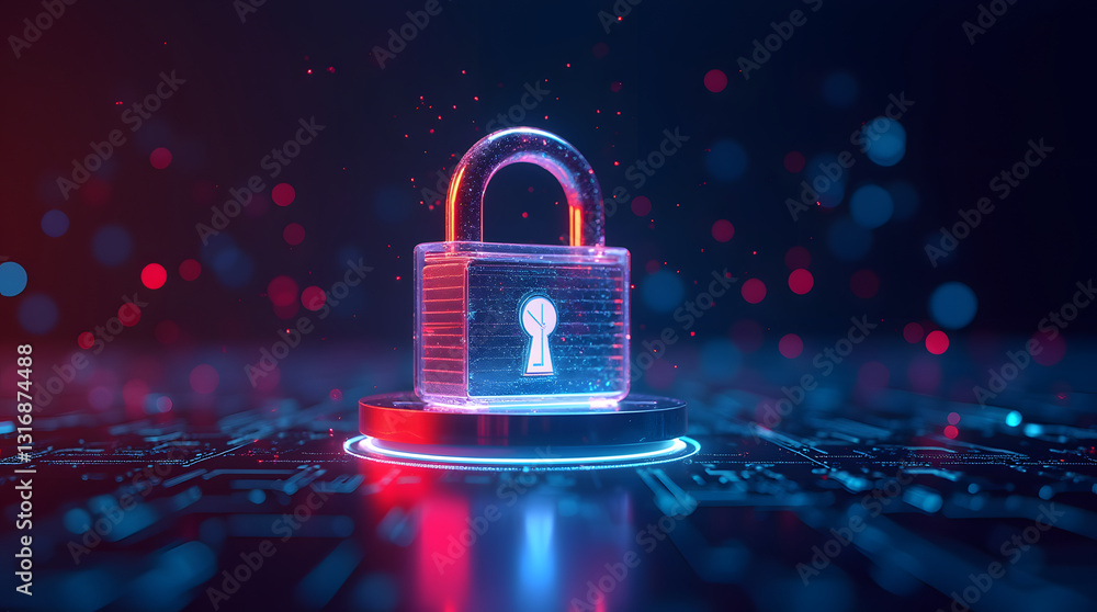 Poster a vibrant glowing chrome lock symbol on a digital background, representing cybersecurity and data pr