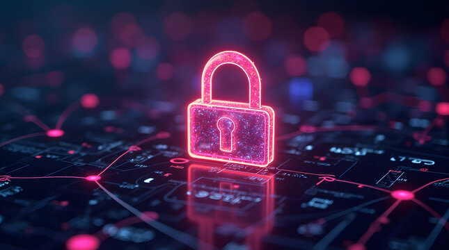 A vibrant glowing chrome  lock symbol on a digital background, representing cybersecurity and data protection in a futuristic technology environment. Illuminated with neon colors