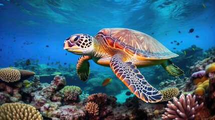 Fototapeta premium coral green sea turtle underwater