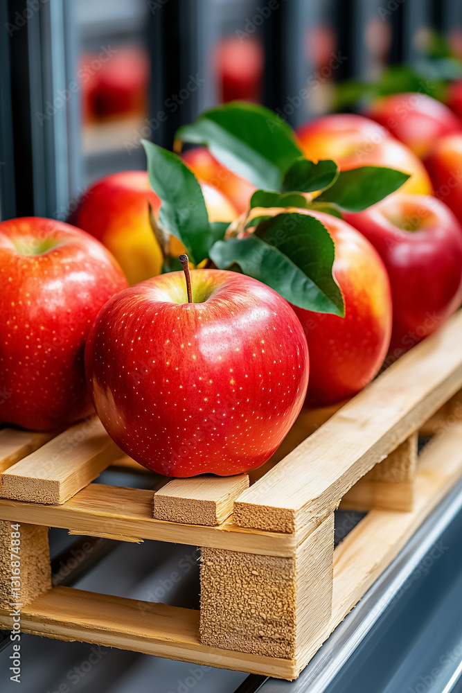 Aufkleber red apples neatly arranged on wooden pallets create an aesthetically pleasing display within a moder