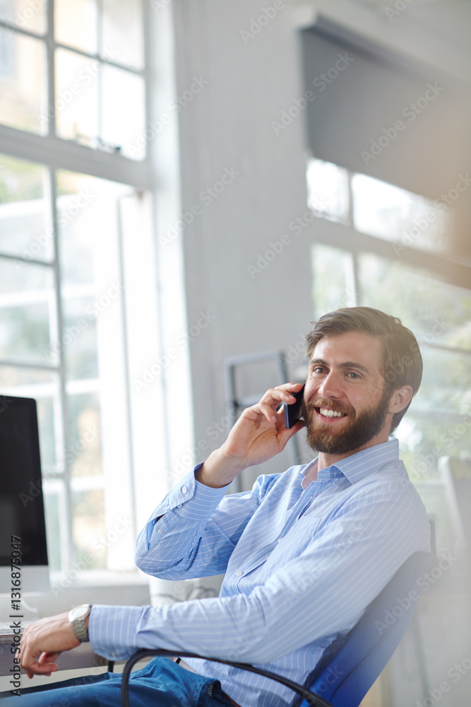 Poster man, architect and phone call in office, professional and online for negotiation on proposal. proper