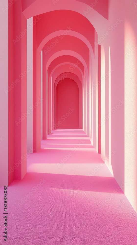Poster colorful architectural corridor features soft pink arches and a carpeted floor creating a vibrant, i