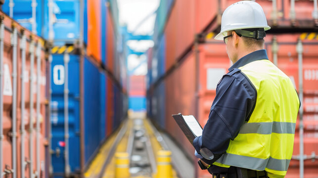 Customs officer inspecting goods at border checkpoint, symbolizing international trade, tariffs, and global commerce logistics. Focus on security and regulation in cross-border shipping.