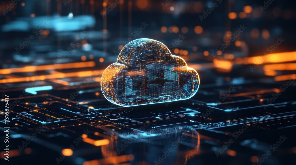 Poster a futuristic digital cloud symbolizing data storage, surrounded by glowing circuits and technology-i
