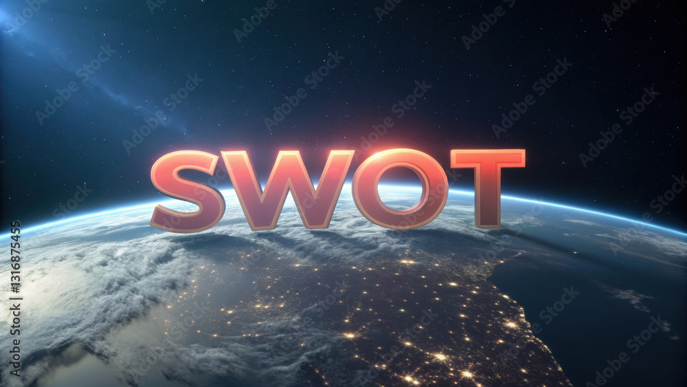 Poster swot text effect floating above earth with soft shadows, showcasing cosmic view. image evokes sense 