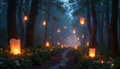 Ethereal forest with floating lanterns in enchanting woodland at twilight with warm glow illuminating path