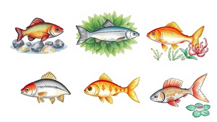 Fototapeta premium Colorful Fish Illustrations Aquatic Life Koi Goldfish Pond River Ocean Wildlife Nature Animals Art