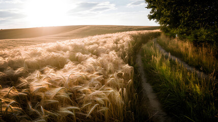 A sunlit field with swaying golden wheat and a narrow dirt path winding through it.