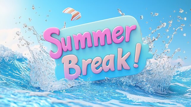 Funny animated sunglasses bouncing on waves with "Summer Break!" in stylish 3D gradient font, modern and lively, high-definition stock.