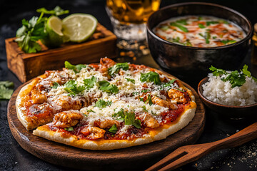 Spicy Indian Butter Chicken Pizza with Mozzarella and Cilantro, Served with Creamy Japanese Miso Soup for a Perfect Culinary Fusion Experience