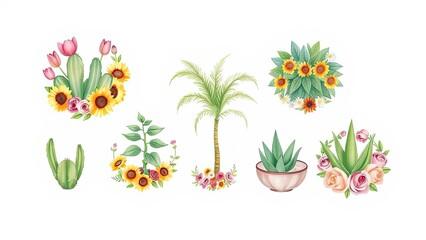 Obraz premium Watercolor Botanical Collection Sunflowers Cacti Palm Aloe Roses