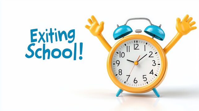 Goofy clock with arms raised in celebration, "Exiting School!" in 3D gradient typography, fun and humorous design, fully isolated on white