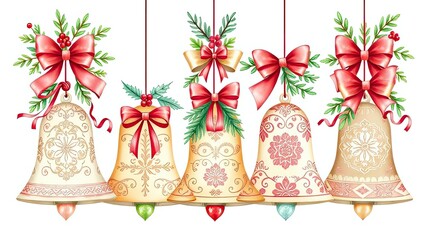 Festive Christmas Bells with Bows Holly and Greenery