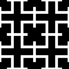 Pattern illustration in black and white, seamless geometric arrangement. Design features interconnected crosses and square shapes, forming repeating texture of symmetry and stark contrast.