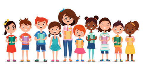 Fototapeta premium Cute happy kids with teacher smiling together, classroom learning, joyful children, education, smiling faces, happy moments, playful kids, school teacher, happy students