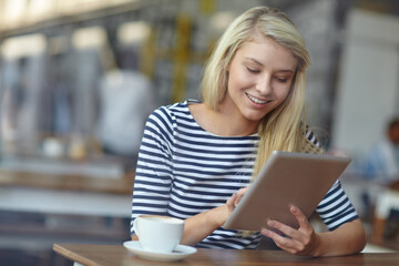 Cafe, woman and smile with tablet for remote work, reading blog and connection for story...
