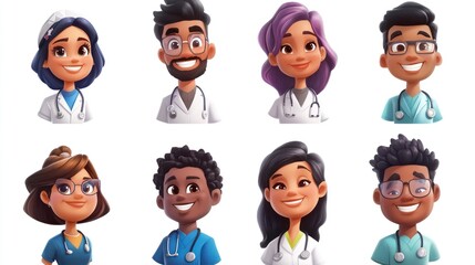 Smiling People Closeup Portrait Set Cute Cartoon medical Male and Female Avatars Multi-ethnic Man and Woman Faces Isolated on White Background