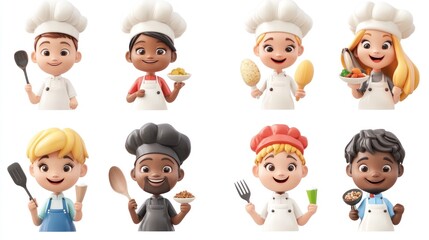 Fototapeta premium Smiling People Closeup Portrait Set Cute Cartoon cooks Male and Female Avatars Multi-ethnic Man and Woman Faces Isolated on White Background