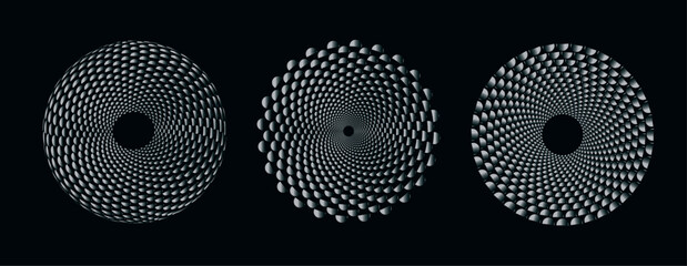 Abstract circular pattern with 3d spheres on black background, vortex spirals hypnotic geometry gradient.