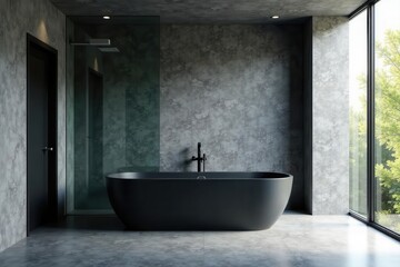 Sleek matte black bathtub, modern glass shower enclosure, contemporary, interior