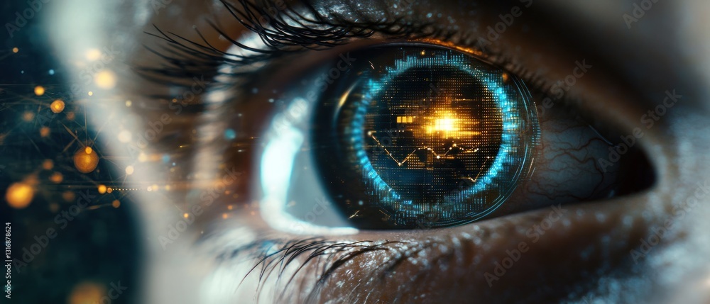 Poster close-up of an eye with digital interface and data visualization