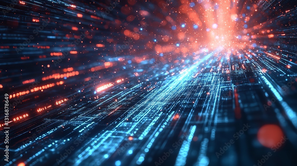 Poster abstract digital data stream futuristic technology background red blue glow lines network art flow c