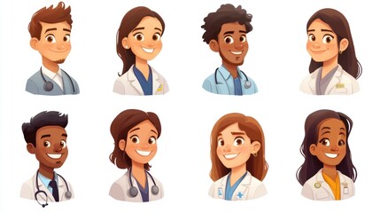 Smiling People Closeup Portrait Set Cute Cartoon medical Male and Female Avatars Multi-ethnic Man and Woman Faces Isolated on White Background